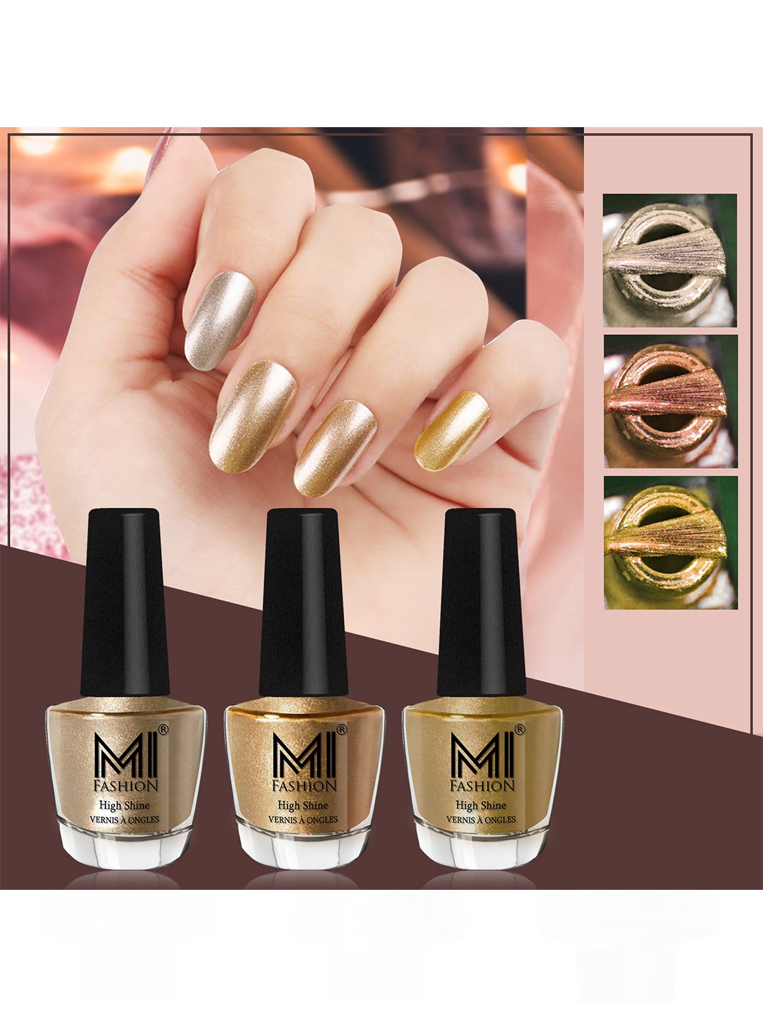 

MI FASHION Set Of 3 High Shine Long Lasting Shimmer Nail Paint - 12ml Each, Gold