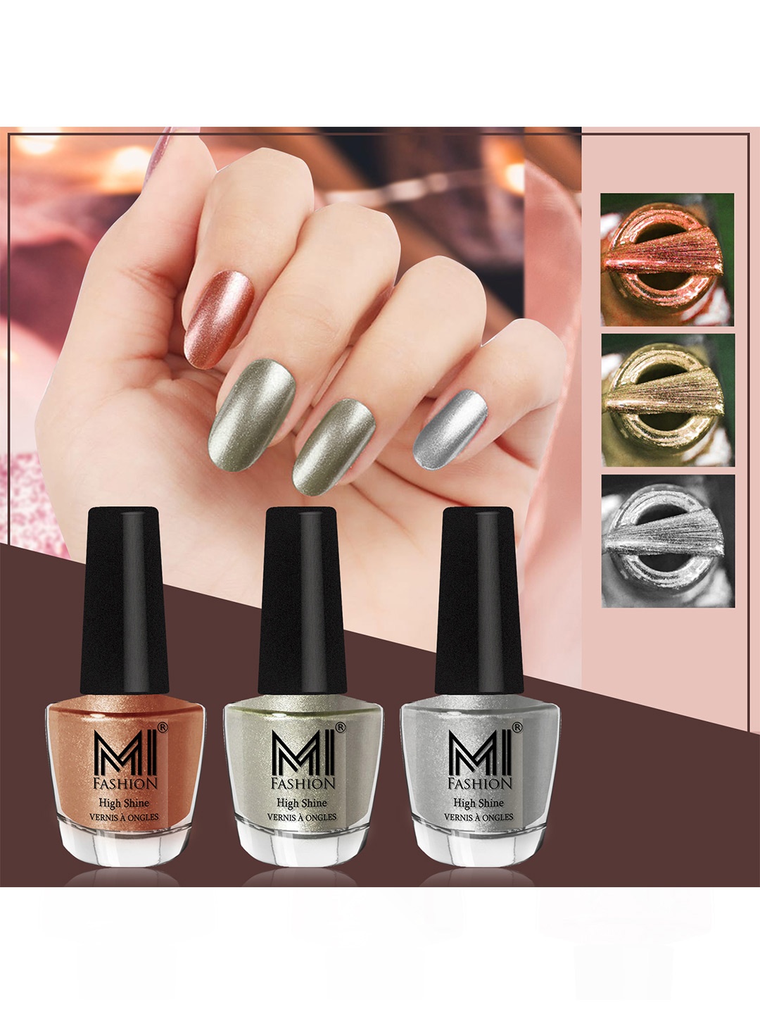 

MI FASHION Set Of 3 High Shine Long Lasting Shimmer Nail Paint - 12ml Each, Brown