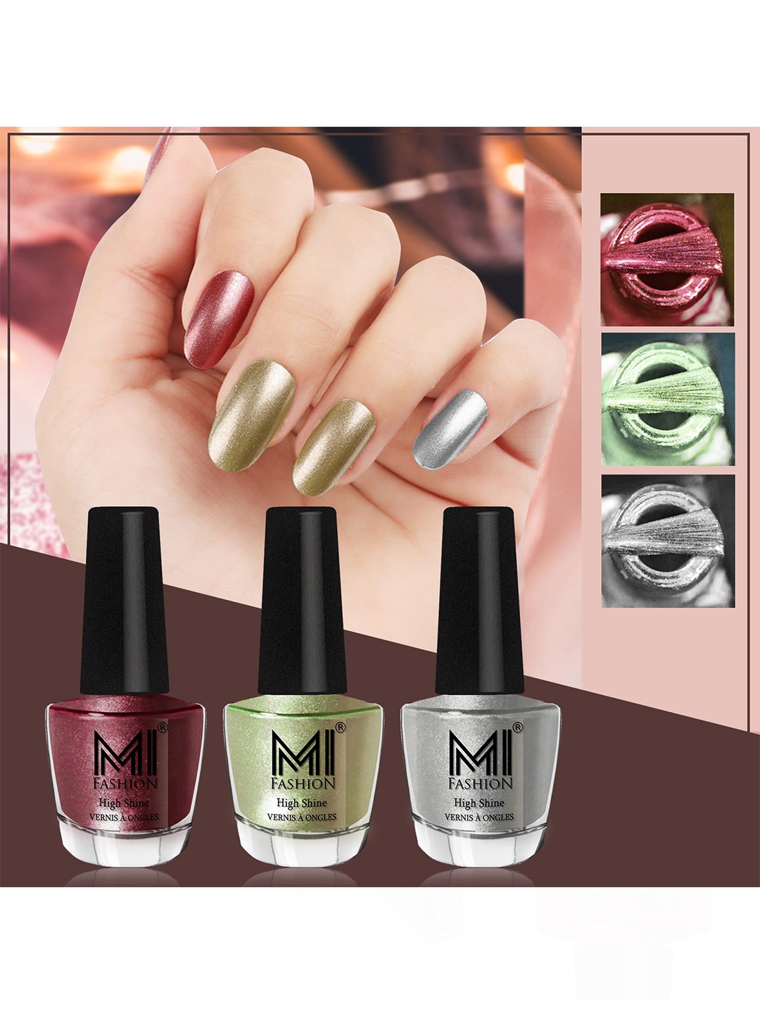 

MI FASHION Set Of 3 High Shine Long Lasting Shimmer Nail Paint - 12ml Each, Maroon