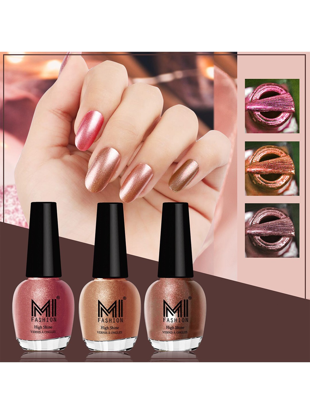 

MI FASHION Set of 3 High Shine Long-Lasting Nail Lacquer 12 ml Each - Hot Lava 61 - Bronze Magnetic 62 - Brown Coffee 05