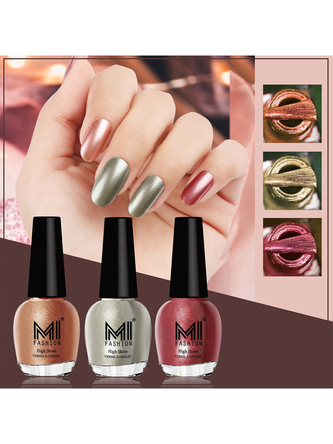 

MI FASHION Set of 3 High Shine Long-Lasting Nail Lacquer 12 ml Each - Bronze Magnetic 62 - Metallic Green 67 - Metallic Maroon 10