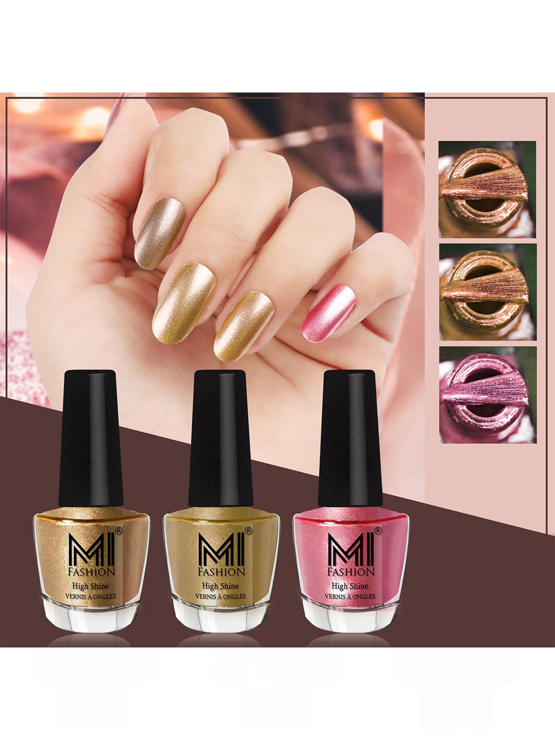 

MI FASHION Set of 3 High Shine Long-Lasting Nail Lacquer 12 ml Each - Golden 43 - Metallic Golden 45 - Metallic Pink 47