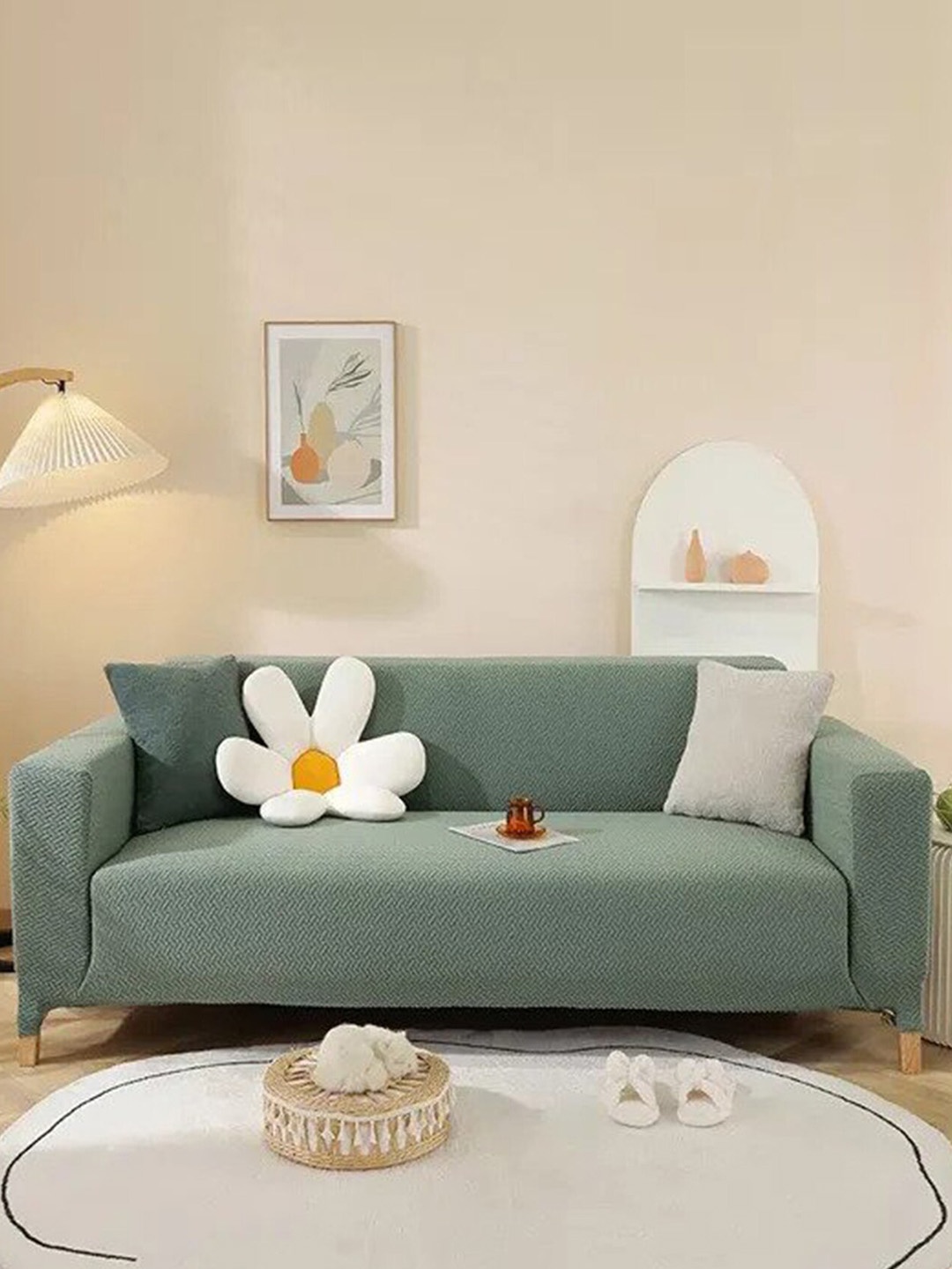 

HOUSE OF QUIRK Green Self-Design Jacquard Stretchable Elasticity 1-Seater Sofa Cover with Arms