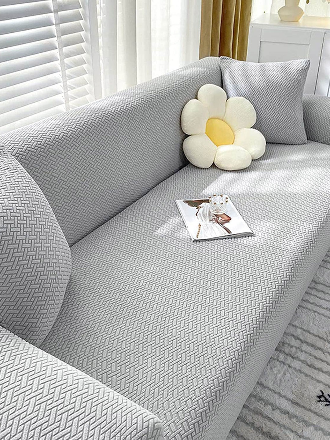 

HOUSE OF QUIRK Grey Self-Design Jacquard Stretchable Elasticity 2-Seater Sofa Cover With Arms