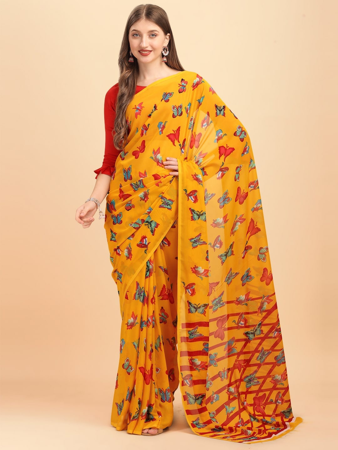 

Sangria Floral Printed Pure Chiffon Saree, Yellow