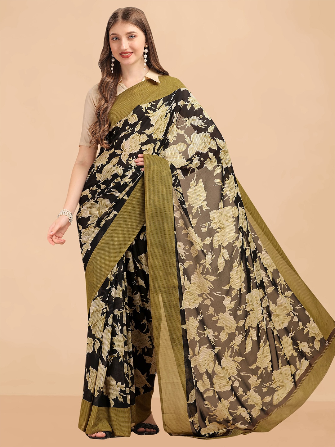 

Sangria Floral Printed Pure Georgette Sarees, Black
