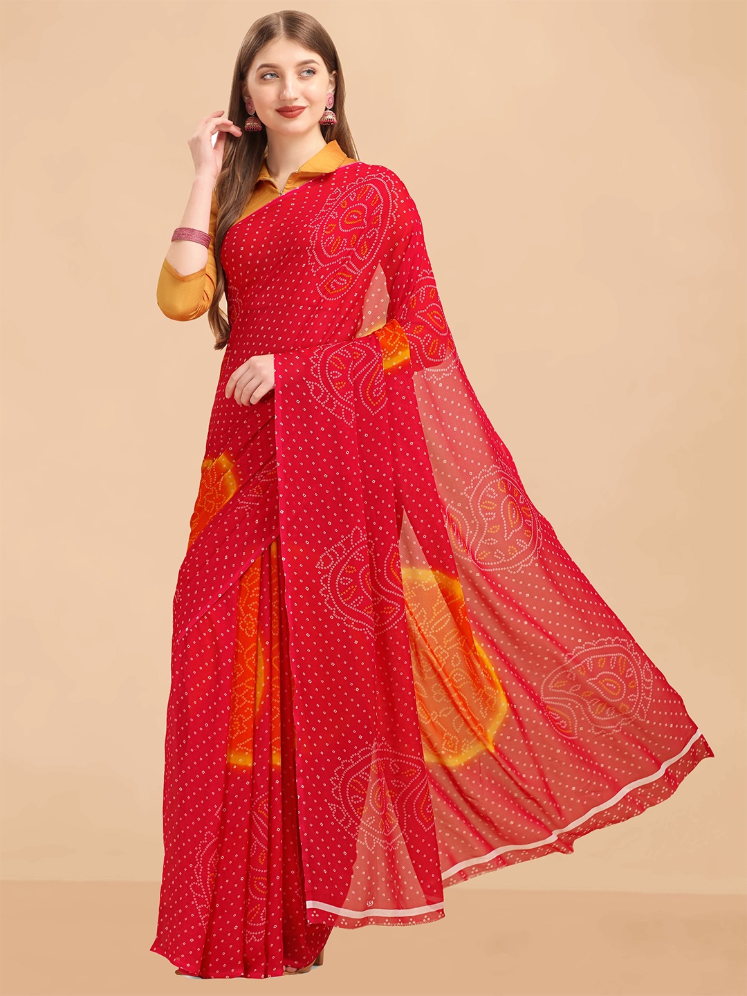 

Sangria Bandhani Printed Pure Georgette Saree, Red