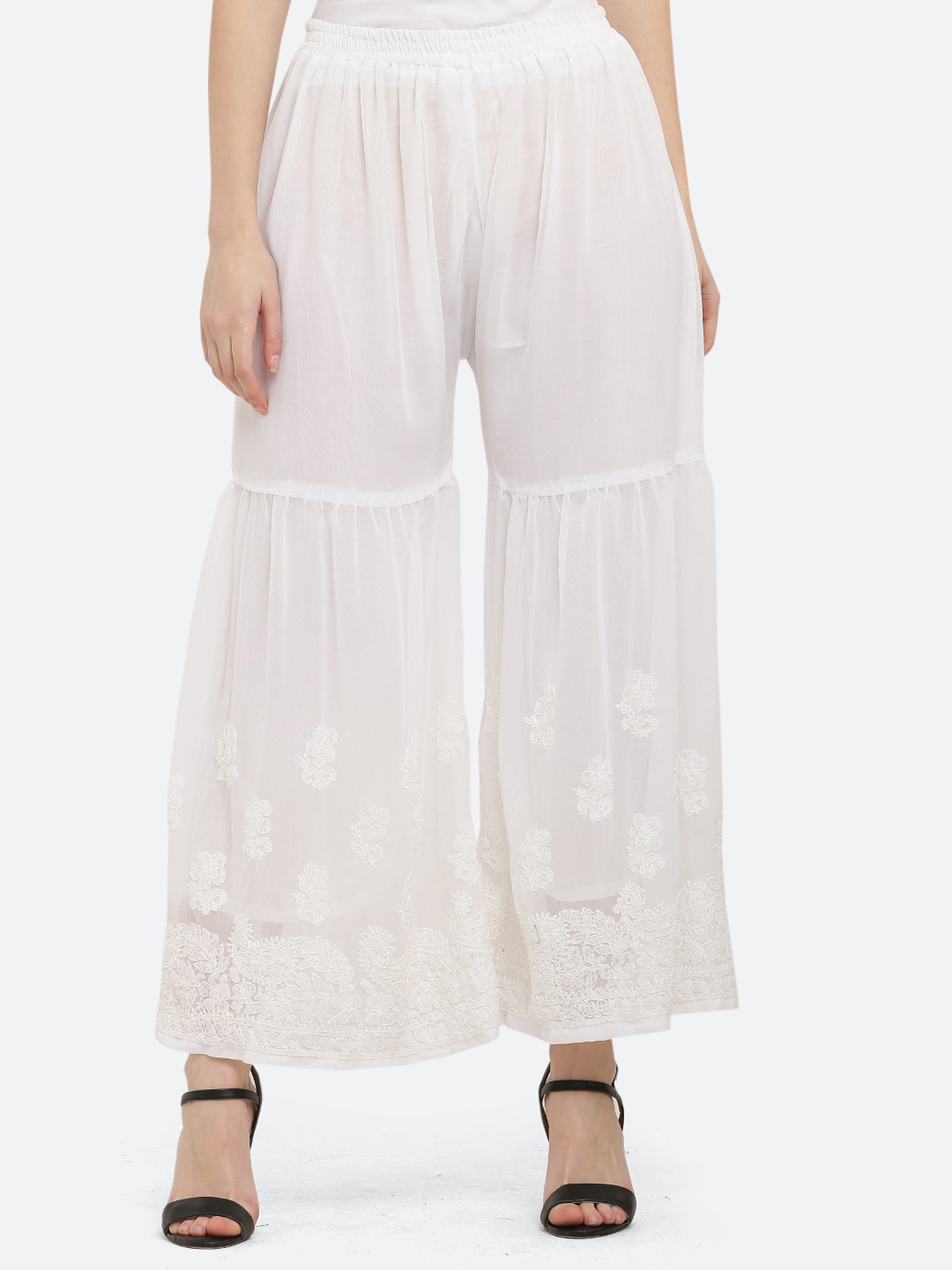 

FAWOMENT Women Floral Embroidered Sharara, White
