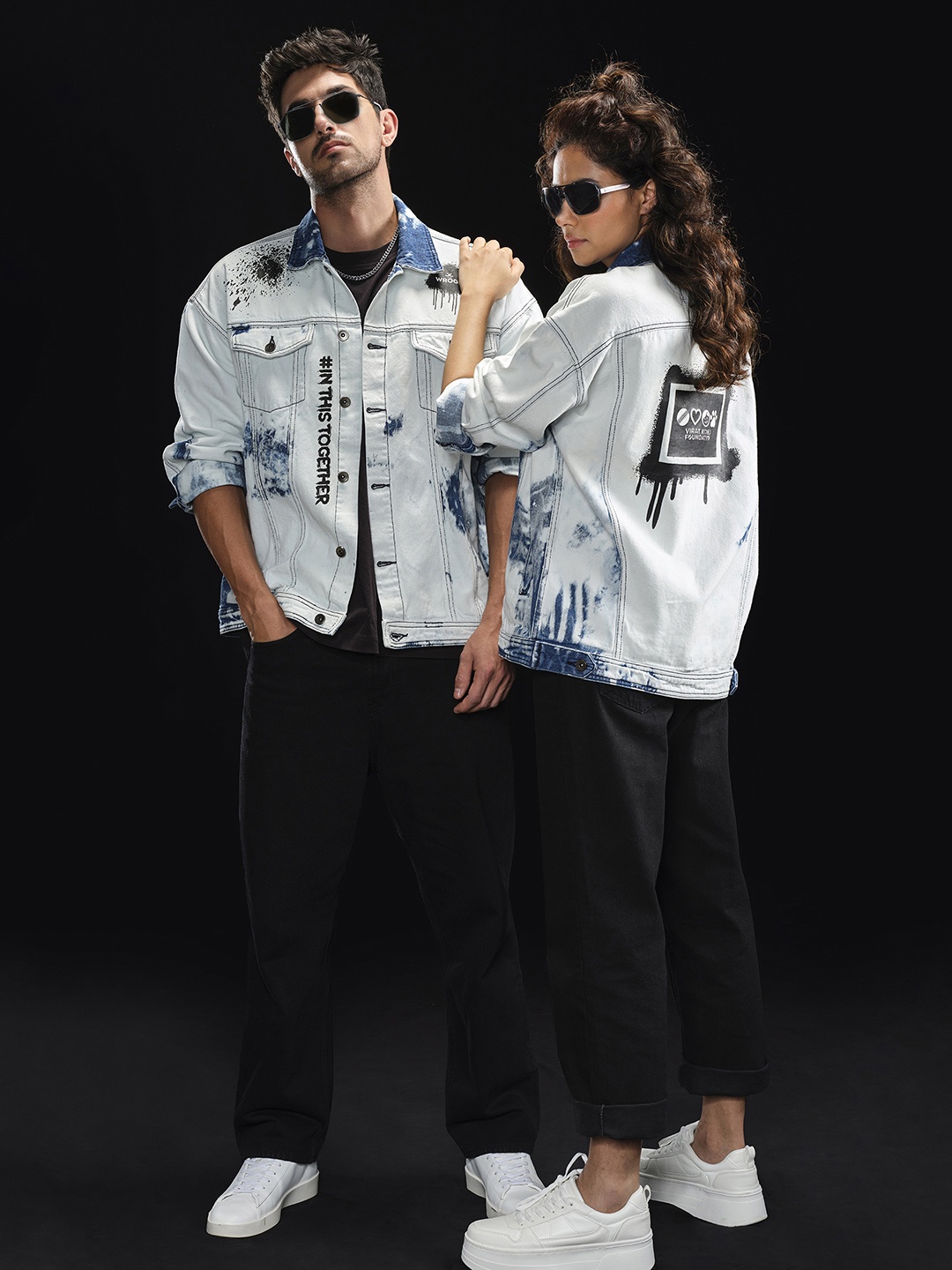 

WROGN Unisex Typography Printed Boxy Fit Pure Cotton Denim Jacket, Blue