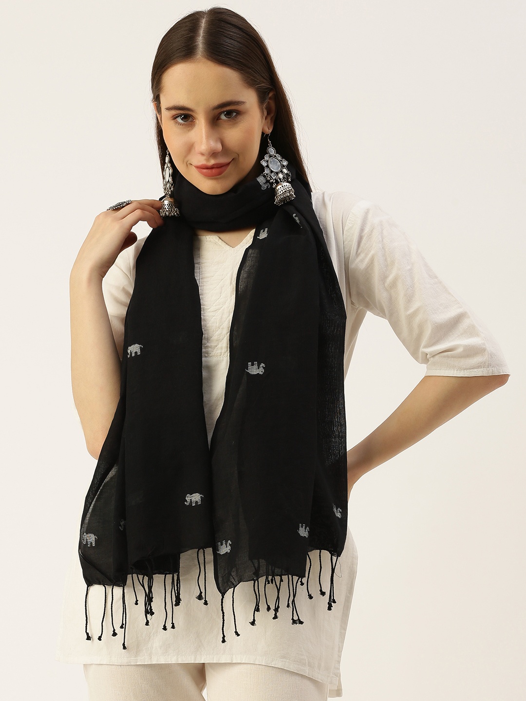 

ASVA Jamdani Elephants Printed Scarf, Black