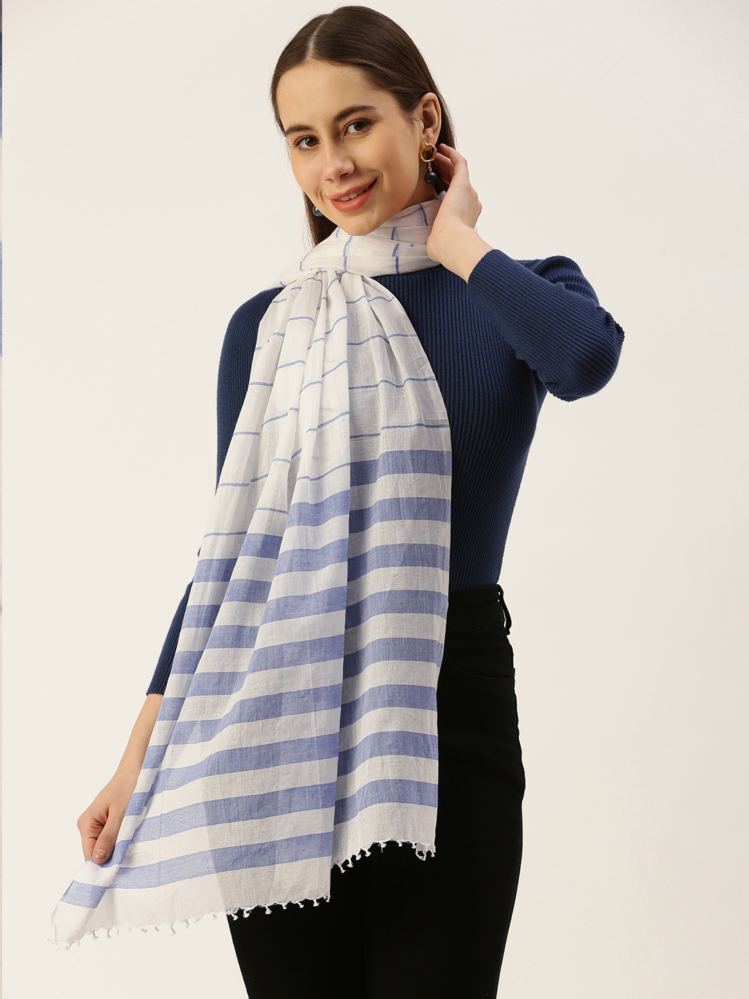 

ASVA Horizontally Striped Scarf, White