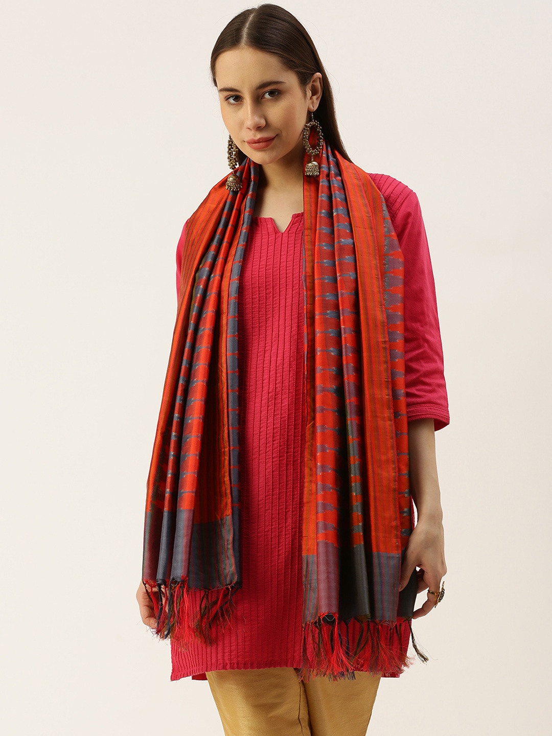 

ASVA Ikat Printed Silk Scarf with Tasselled Detail, Red