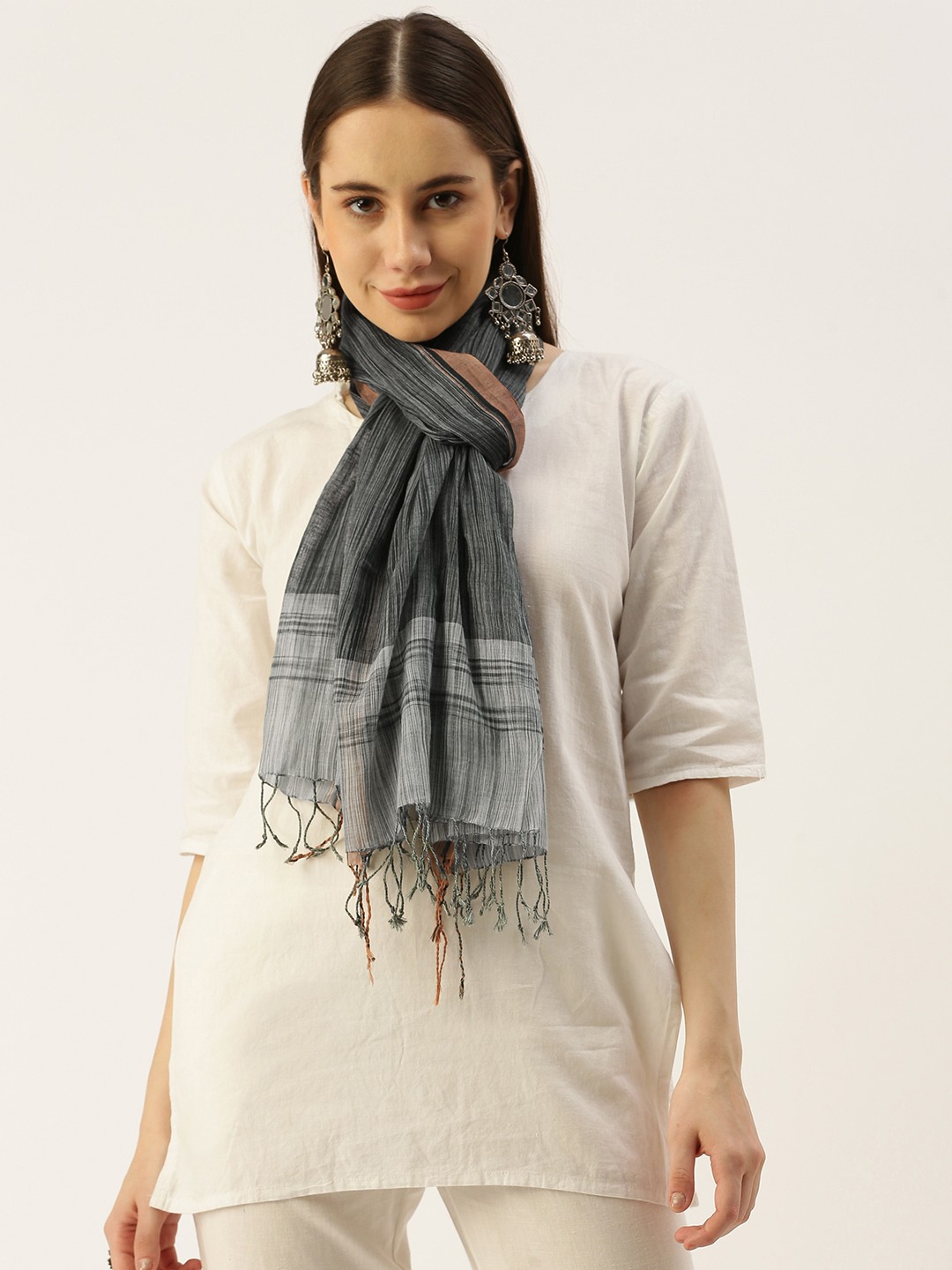 

ASVA Striped Scarf with Side Taping, Grey