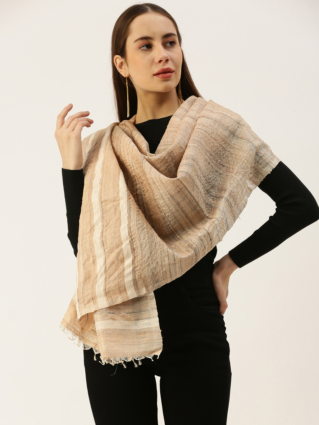 

ASVA Horizontally Self-Striped Scarf, Brown