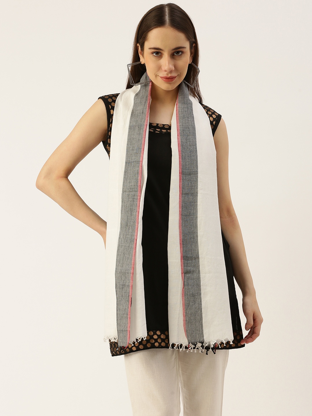 

ASVA Striped Border Scarf, Off white