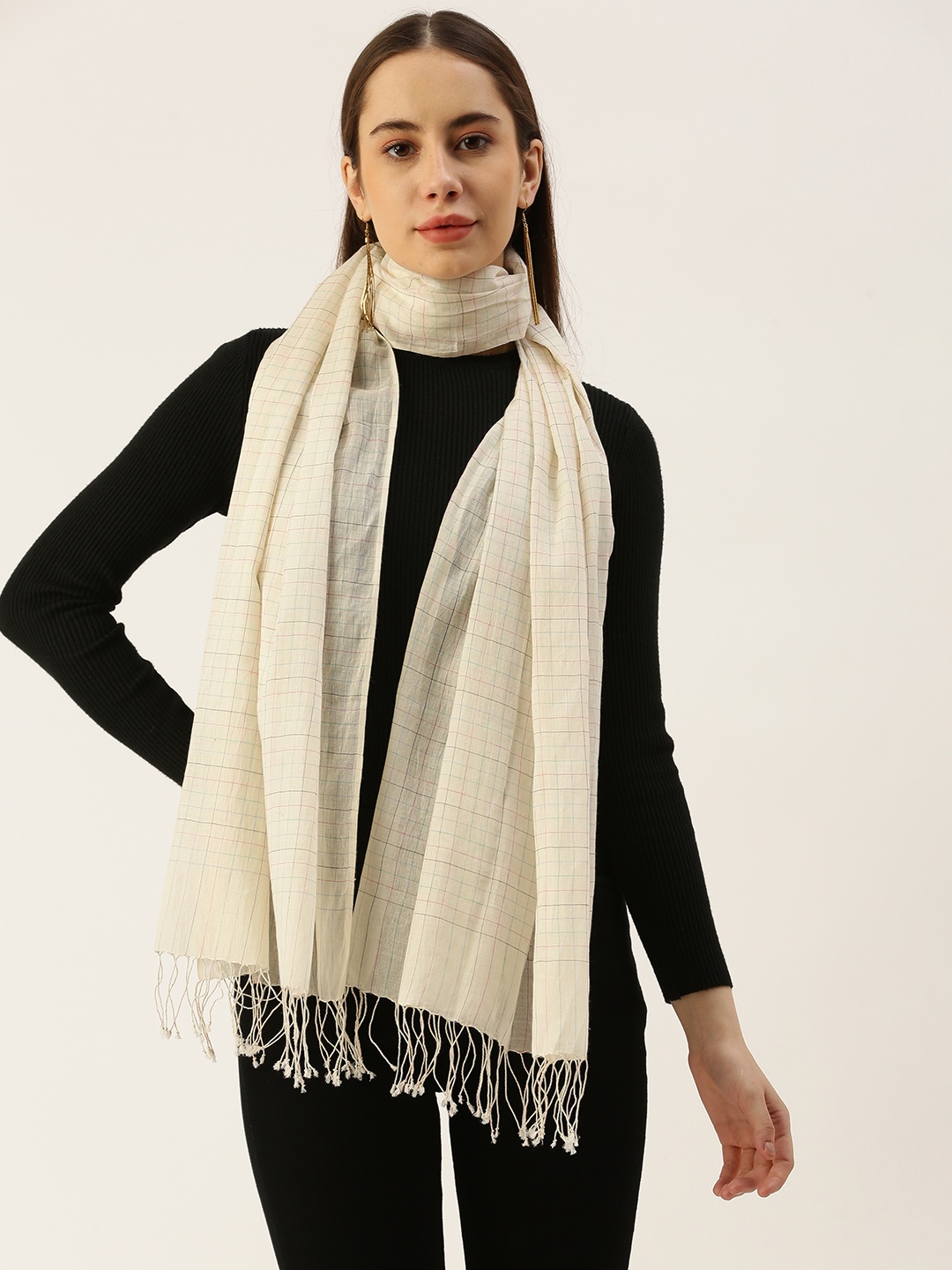 

ASVA Pin-Checked Scarf, Off white