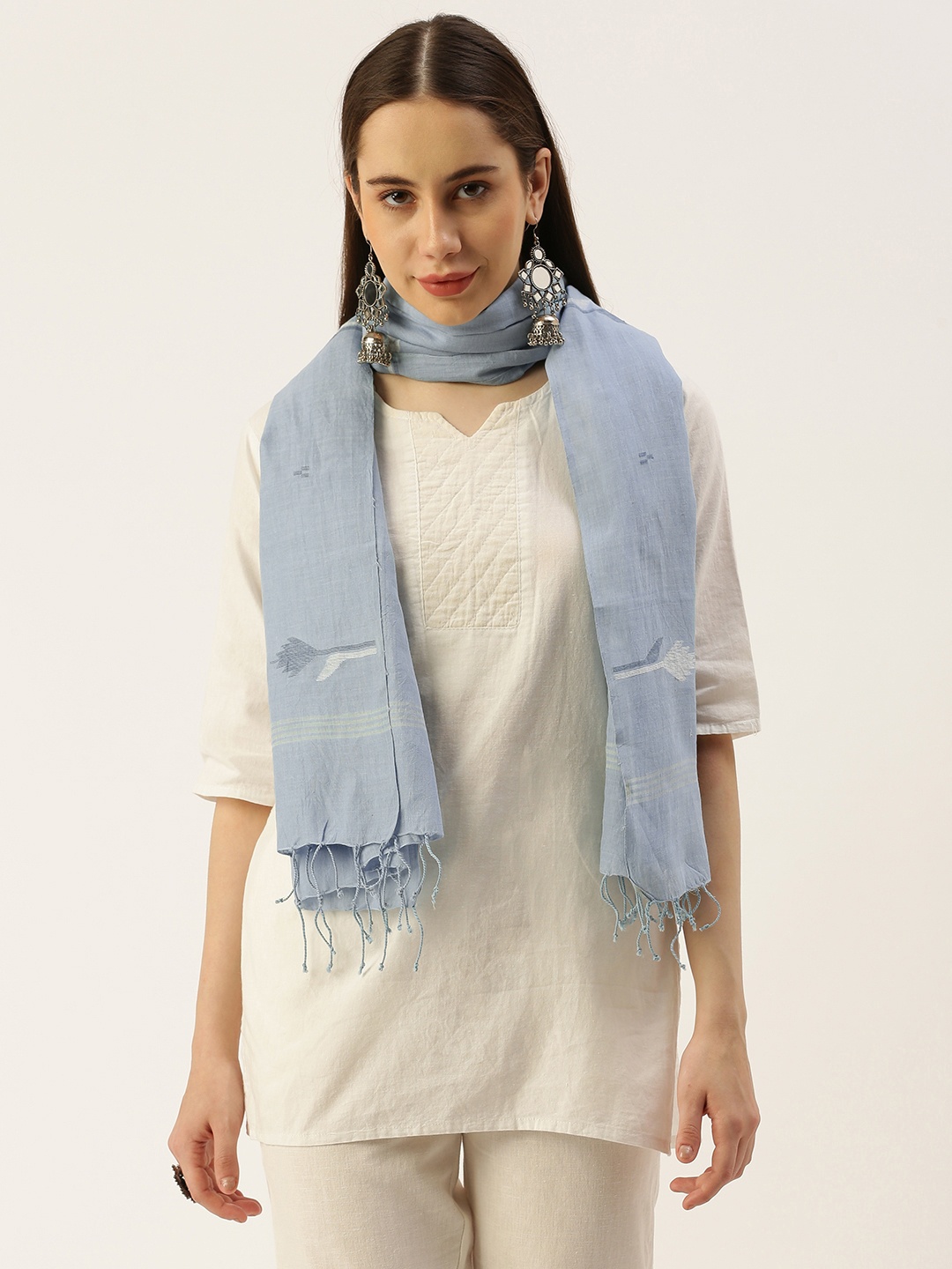 

ASVA Jamdani Floral Scarf, Blue