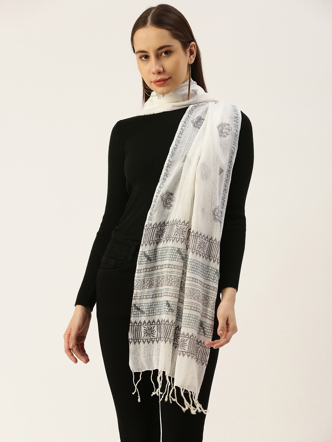 

ASVA Ethnic Motifs Printed Scarf, White