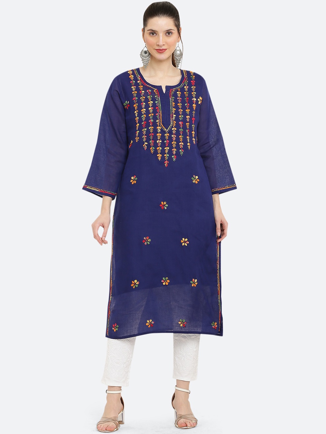 

FAWOMENT Women Ethnic Motifs Yoke Design Pure Cotton Kurta, Blue