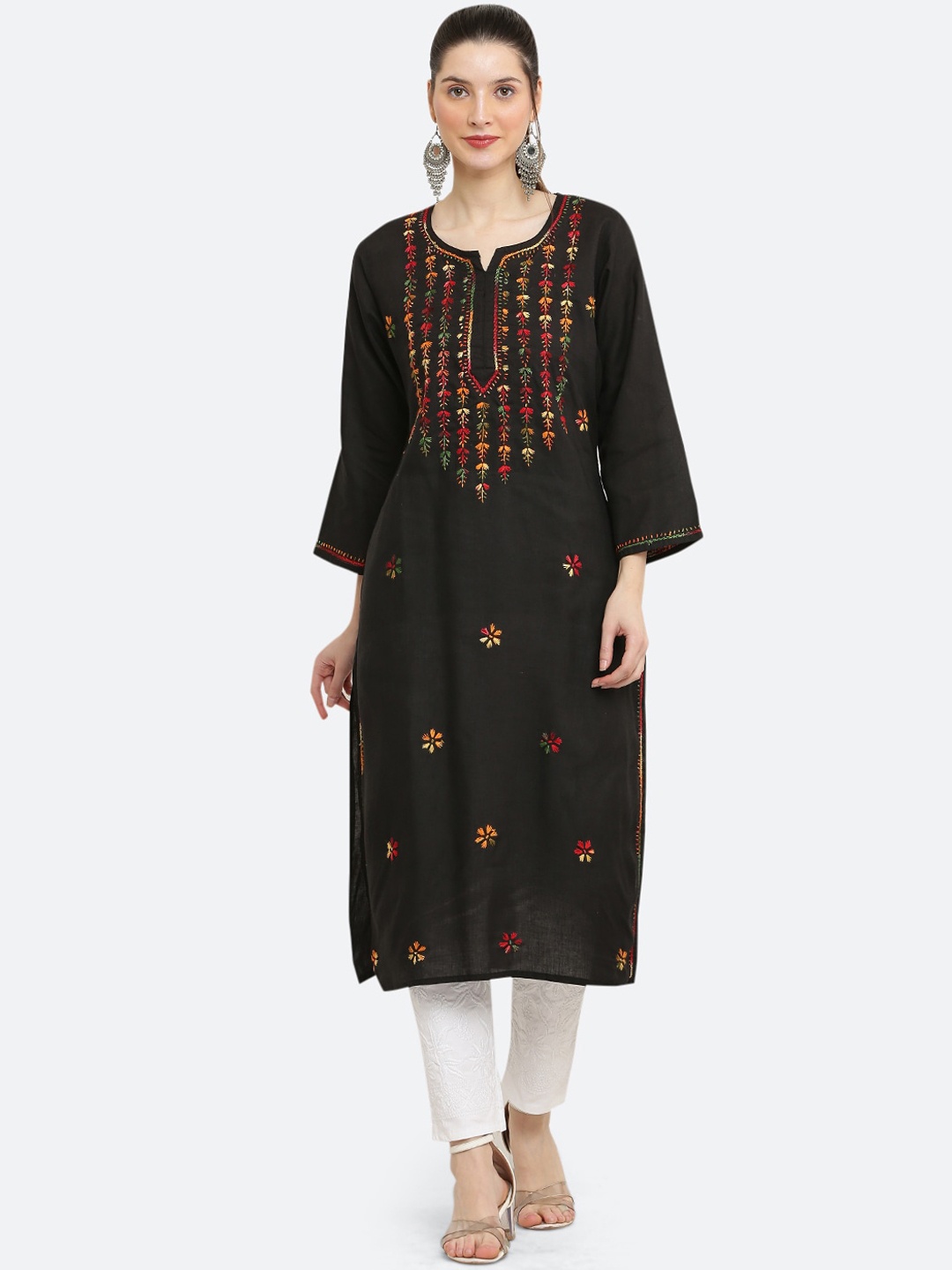 

FAWOMENT Women Ethnic Motifs Yoke Design Pure Cotton Kurta, Black