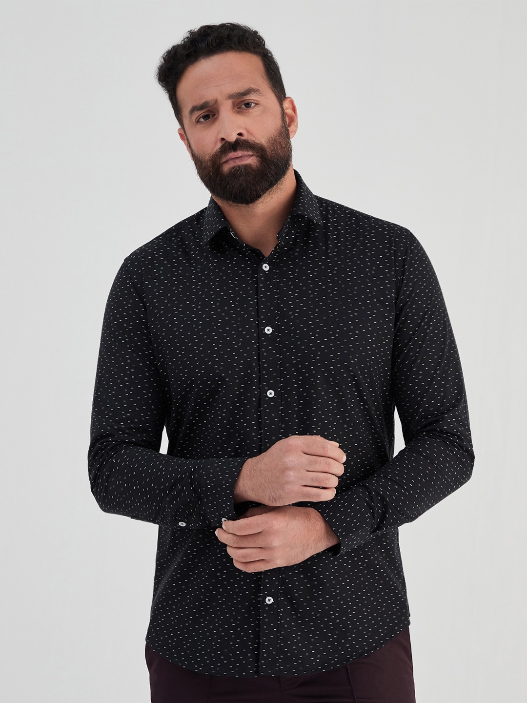 

MR BUTTON Men Micro Ditsy Slim Fit Printed Casual Cotton Shirt, Black