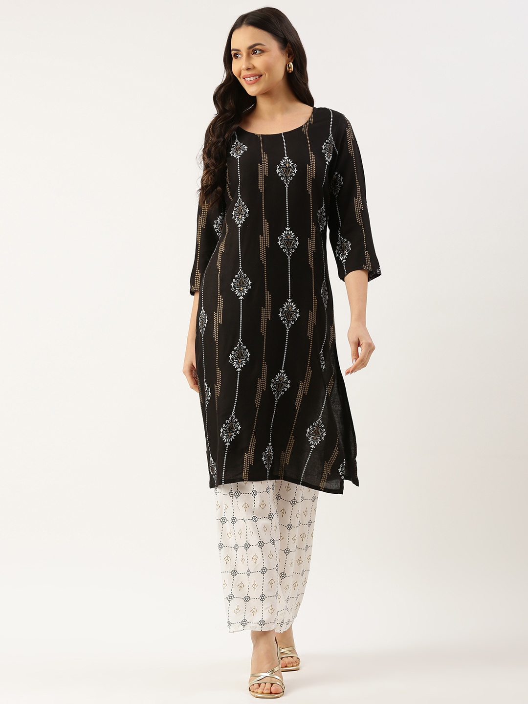 

RACHNA Ethnic Motifs Printed Regular Pure Cotton Kurta With Palazzos, Black
