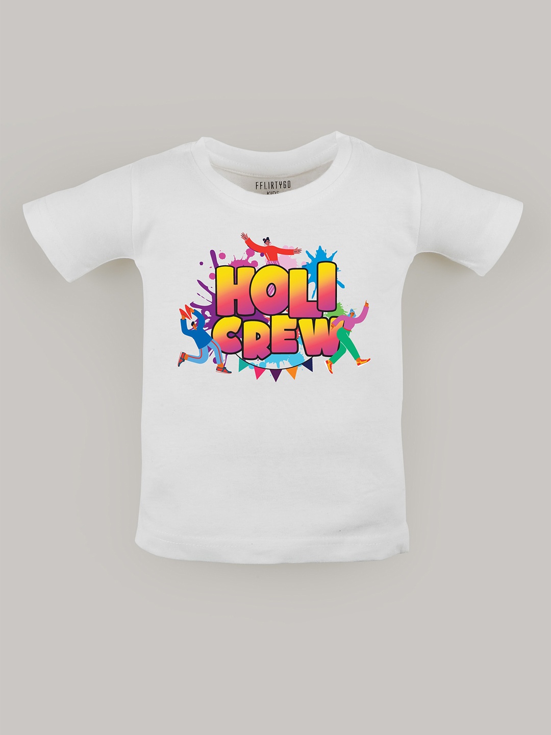 FFLIRTYGO Kids Holi Printed Pure Cotton T-shirt, White