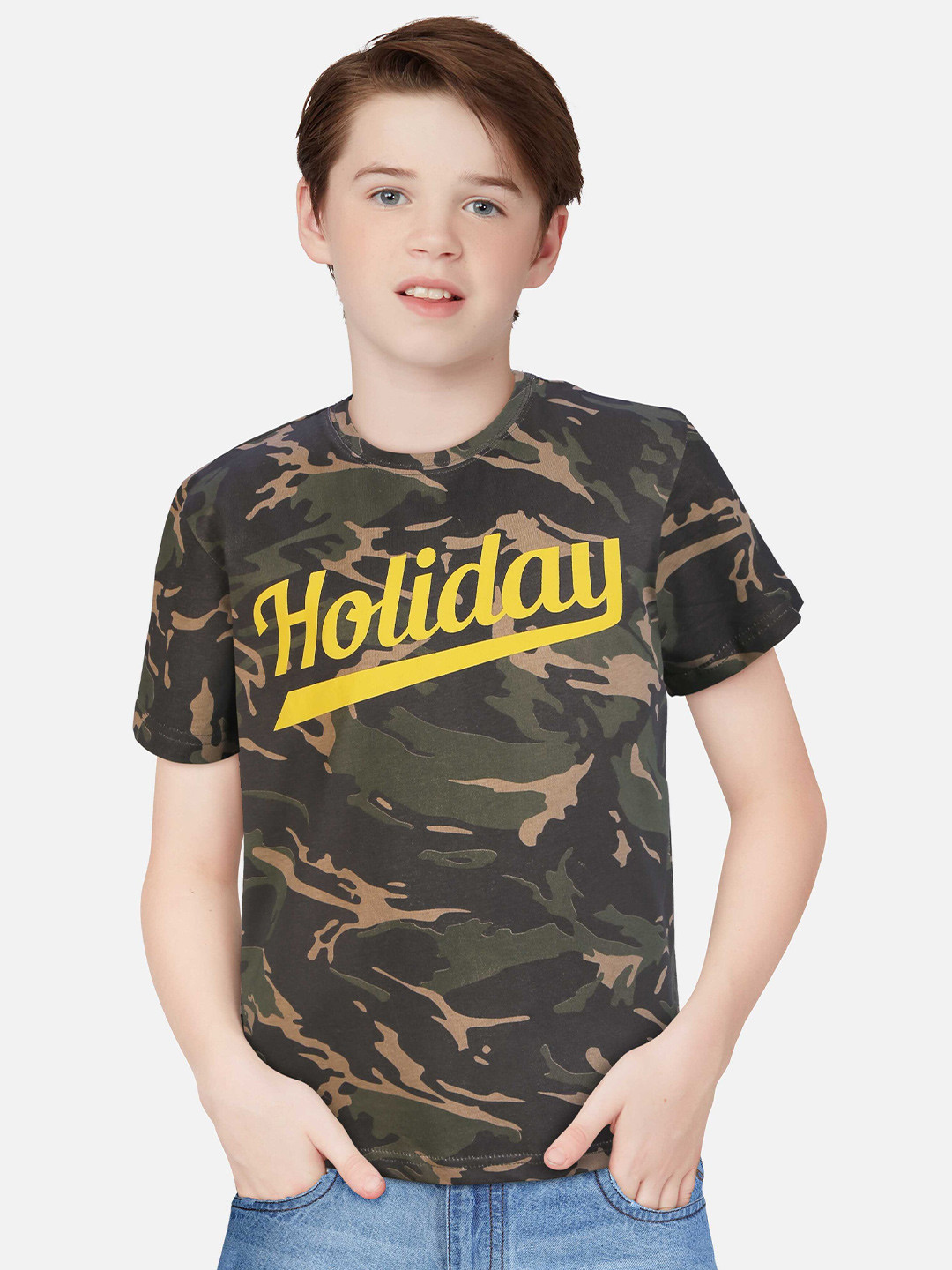 

Gini and Jony Boys Typography Printed Cotton T-shirt, Olive