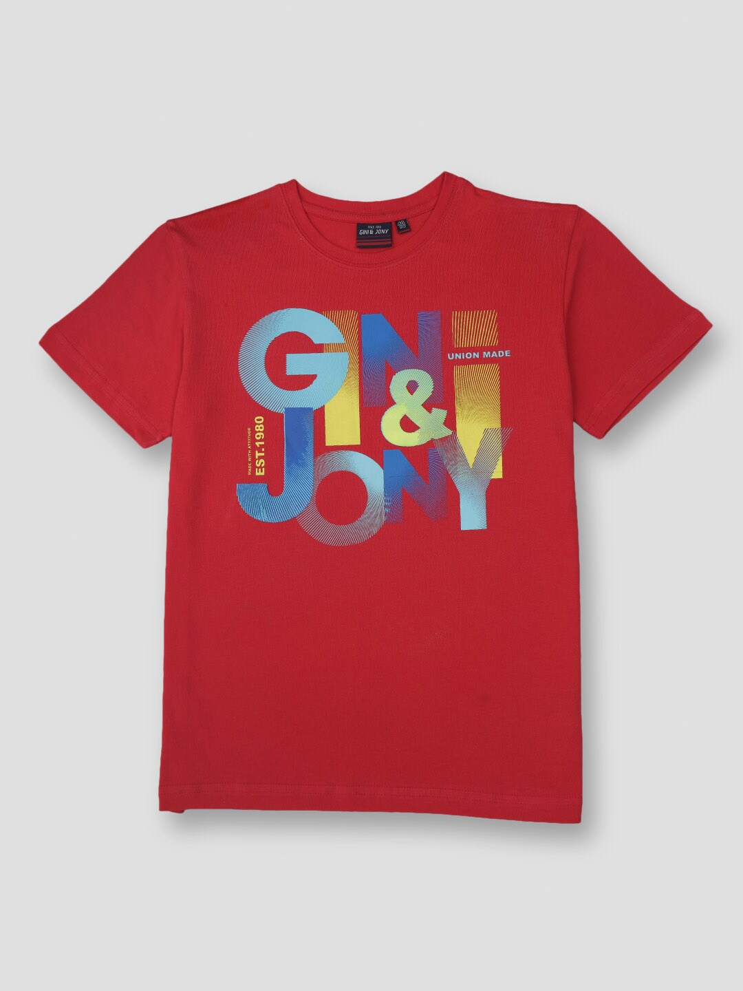 

Gini and Jony Boys Typography Printed Cotton T-shirt, Red