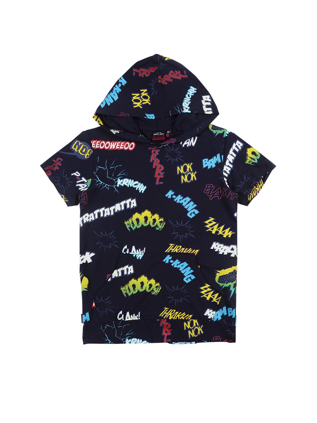 

Gini and Jony Boys Typography Printed Hooded Cotton T-shirt, Black