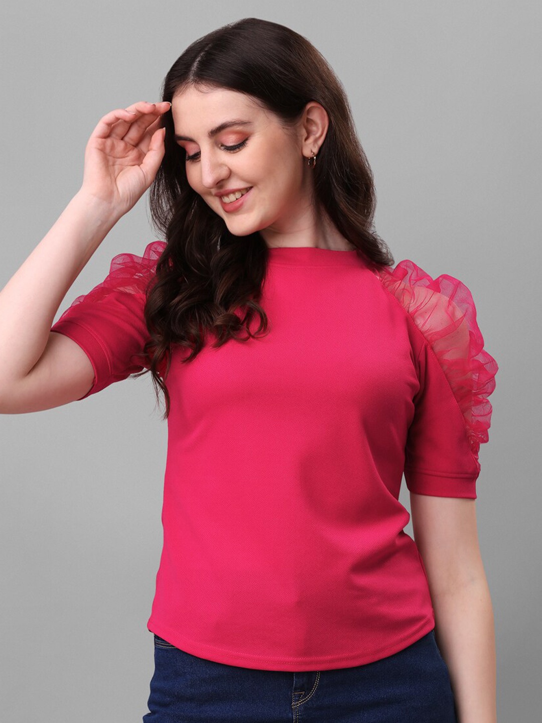

SHEETAL Associates Gathered Or Pleated Puff Sleeves High Neck Top, Pink