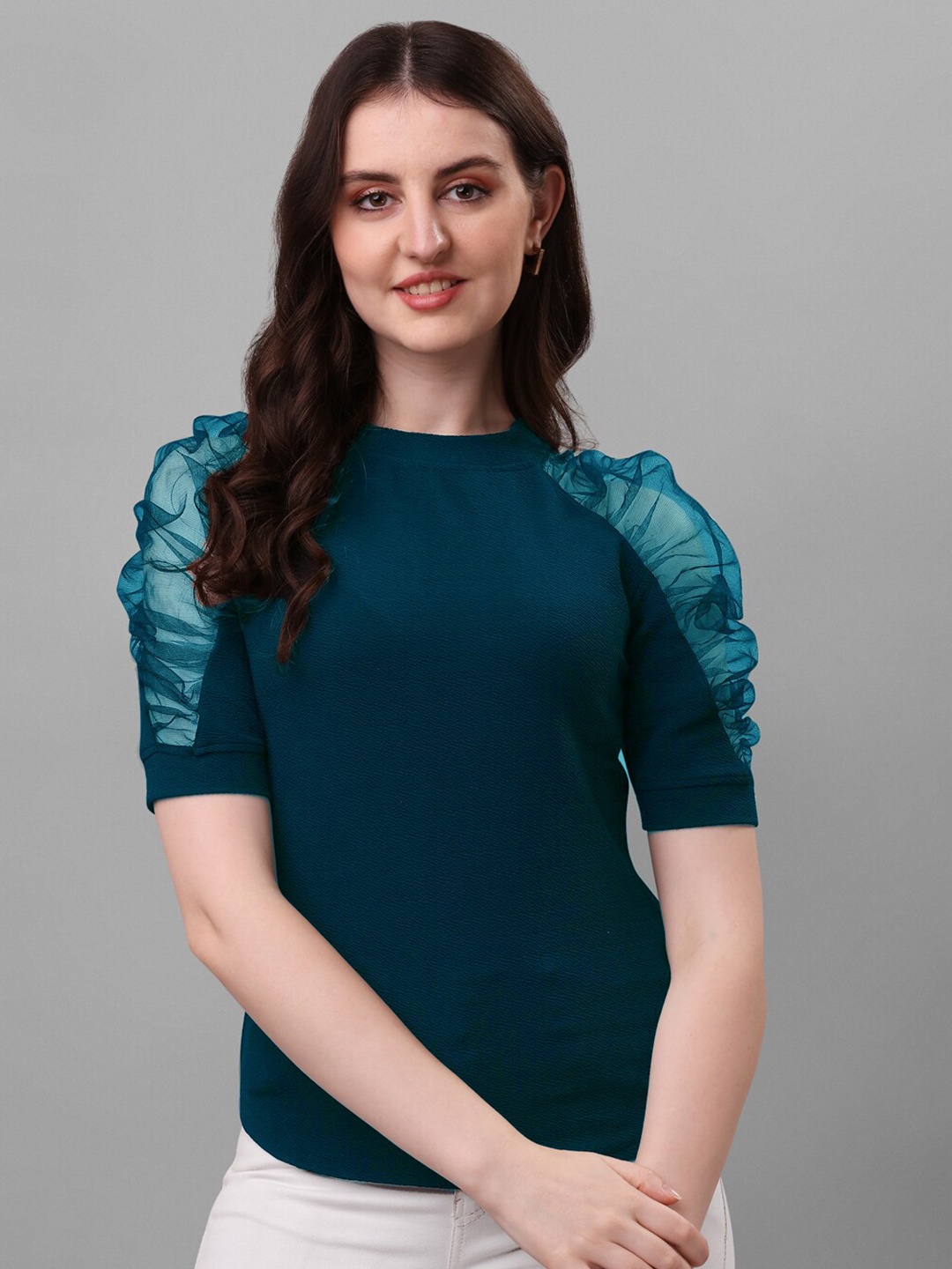 

SHEETAL Associates Round Neck Puff Sleeves Regular Top, Teal