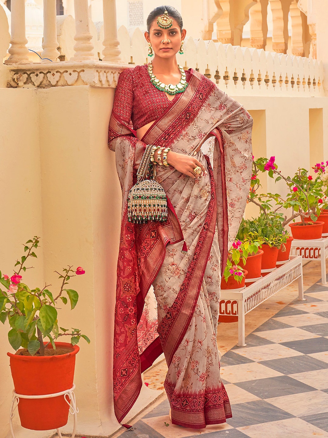 

Anouk Floral Printed Zari Silk Blend Patola Saree, Grey