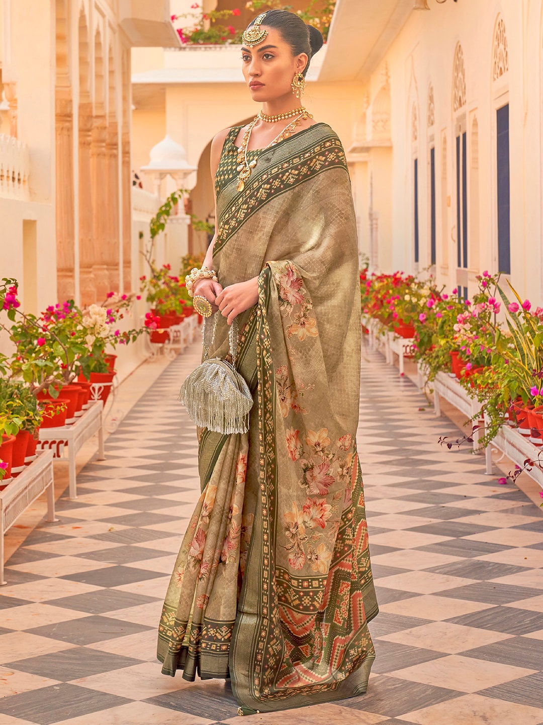 

Anouk Floral Printed Zari Silk Blend Patola Saree, Olive