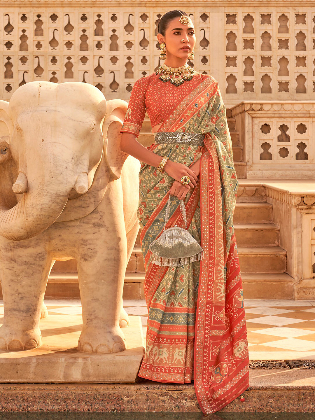 

Anouk Ethnic Motifs Printed Silk Blend Patola Saree, Olive