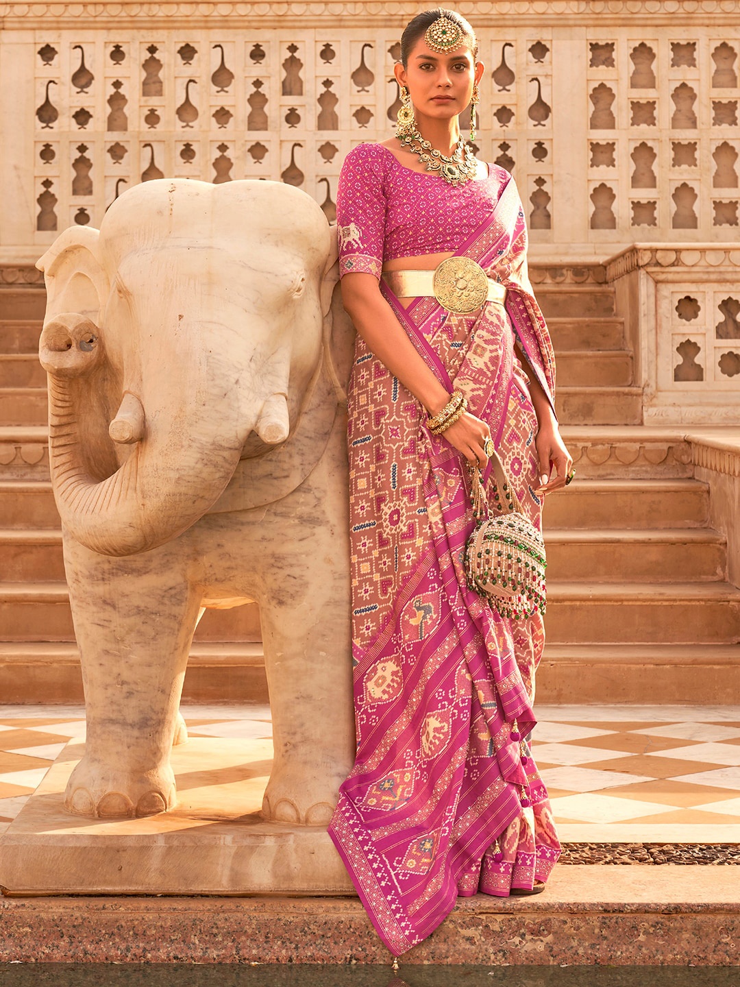

Anouk Ethnic Motifs Printed Silk Blend Patola Saree, Pink