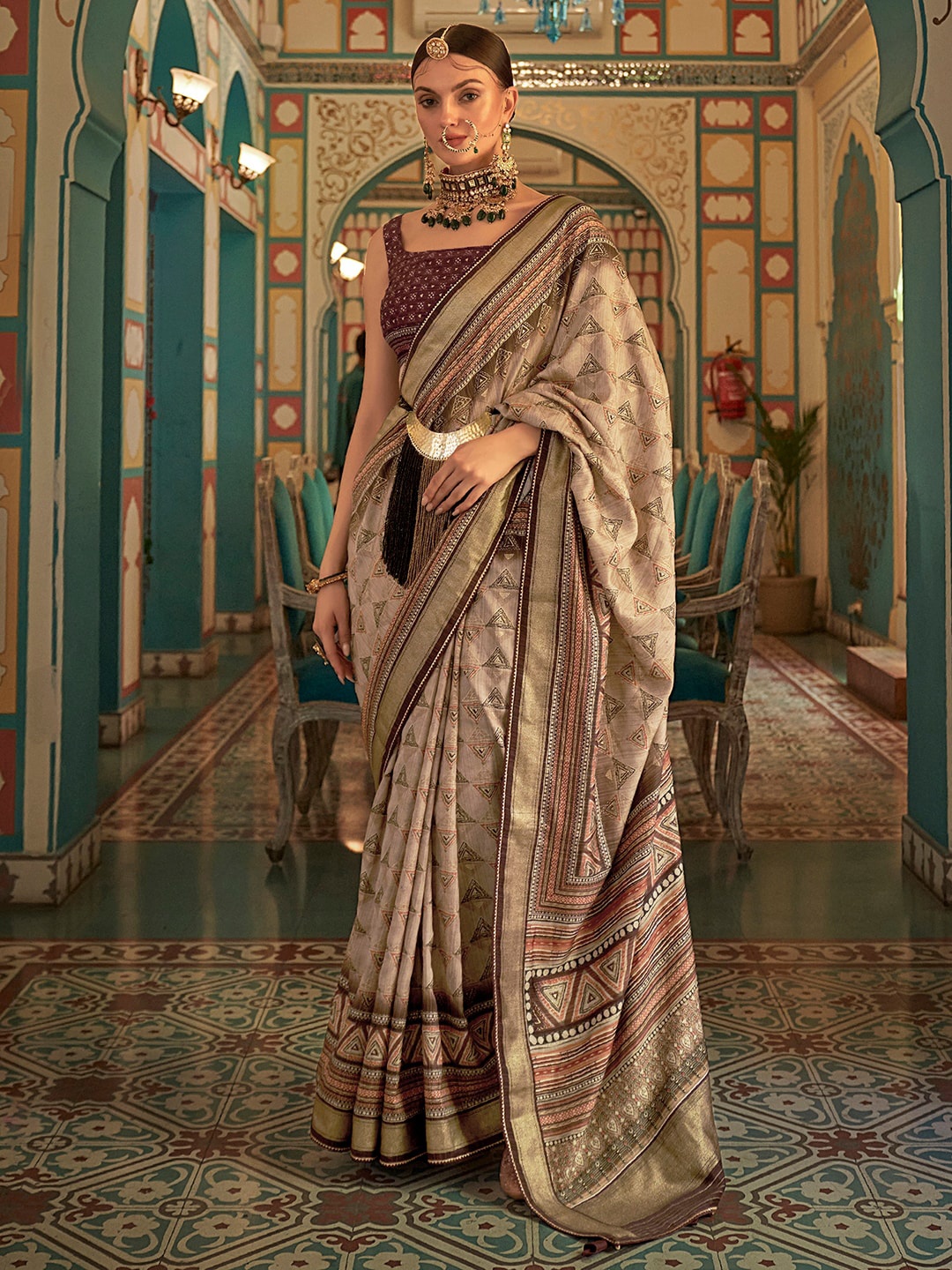

Anouk Printed Zari Silk Blend Banarasi Saree, Cream