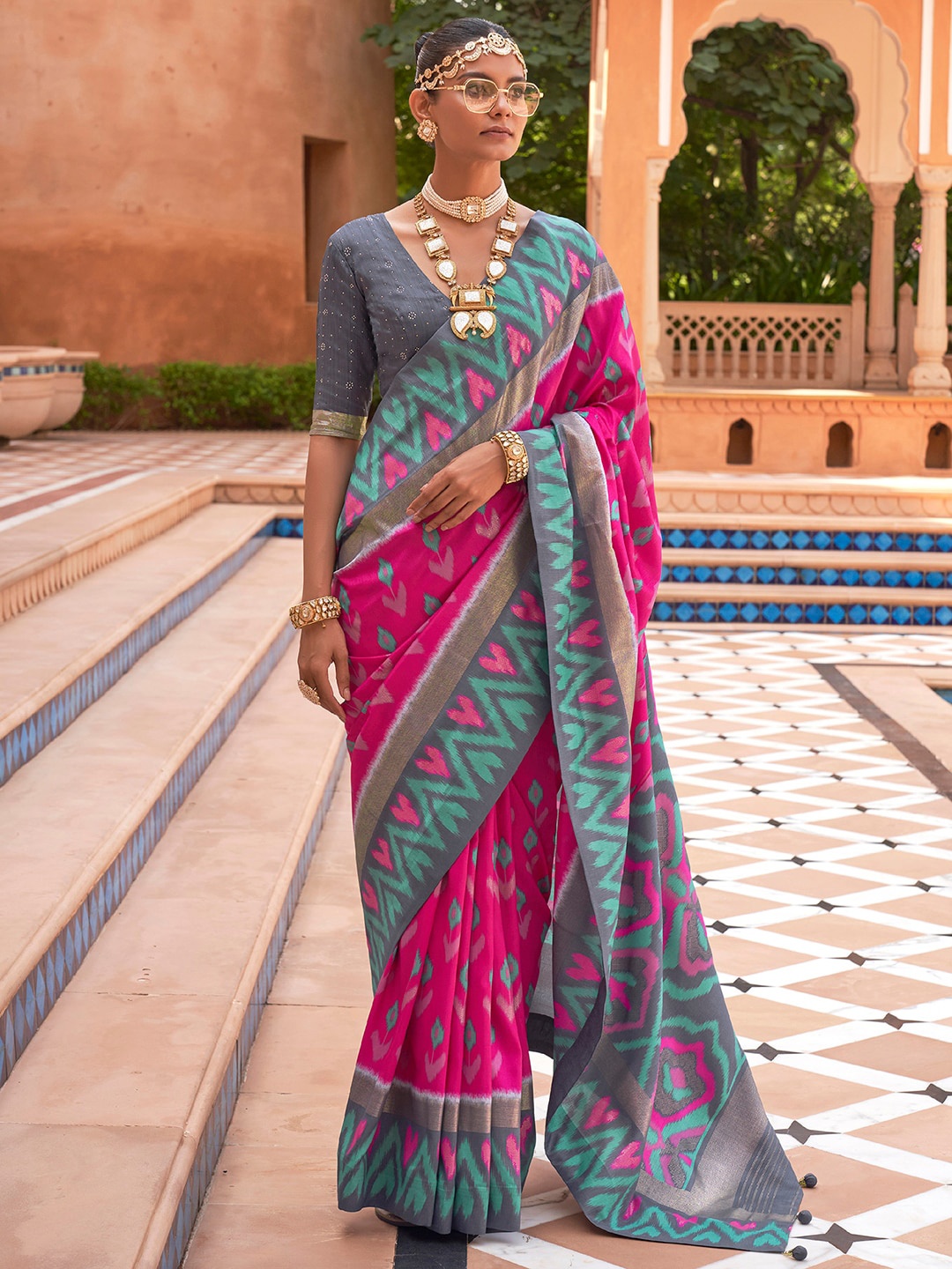 

Anouk Ethnic Motifs Printed Zari Silk Blend Ikat Saree, Pink