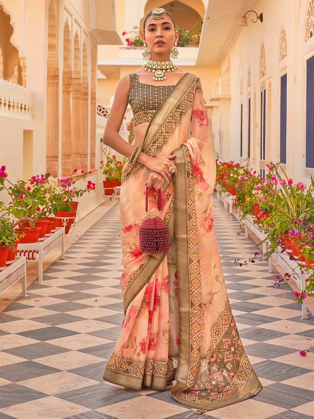 

Anouk Floral Printed Zari Silk Blend Patola Saree, Peach