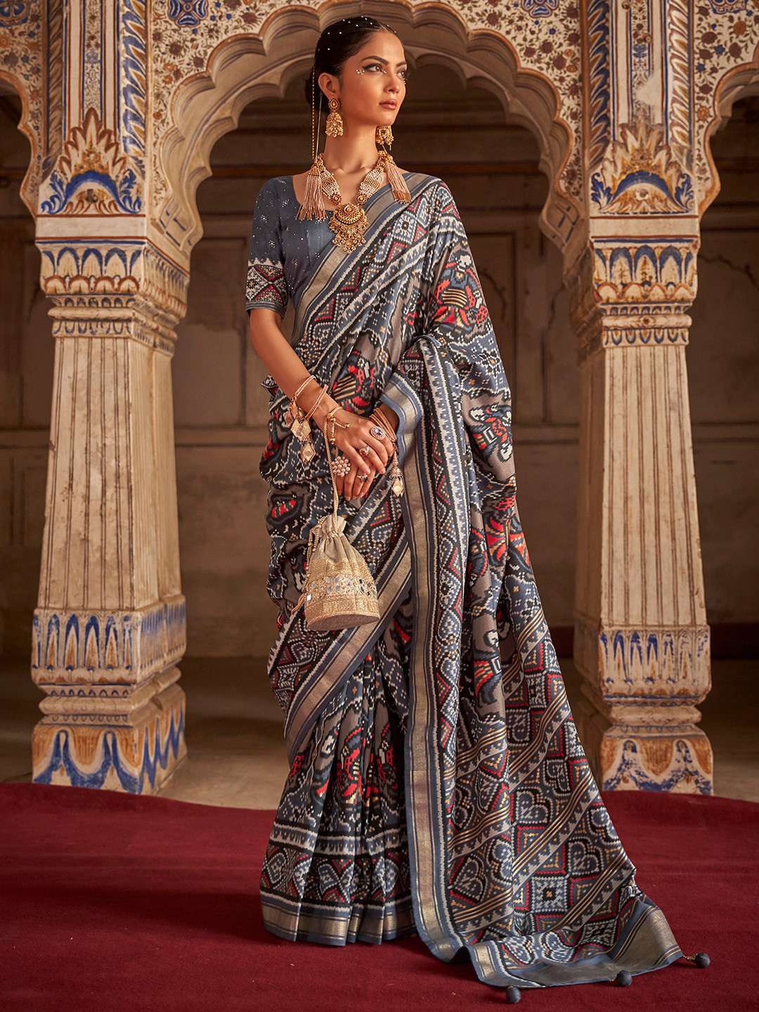 

Anouk Ethnic Motifs Printed Zari Silk Blend Pochampally Saree, Grey