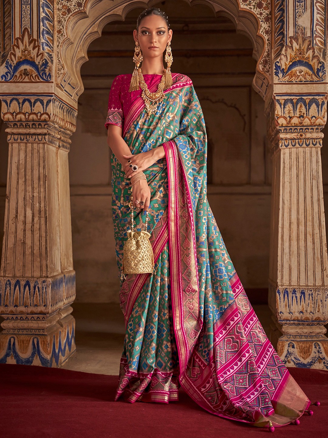 

Anouk Ethnic Motifs Printed Zari Silk Blend Pochampally Saree, Sea green