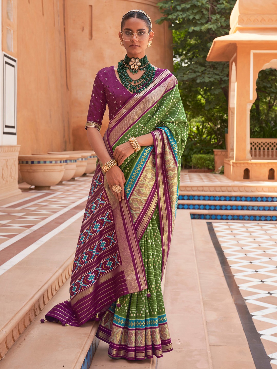 

Anouk Printed Zari Silk Blend Pochampally Saree, Olive