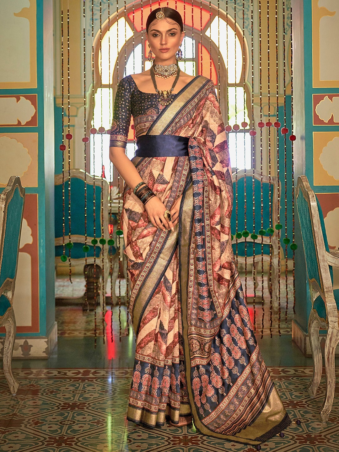 

Anouk Printed Zari Silk Blend Banarasi Saree, Cream