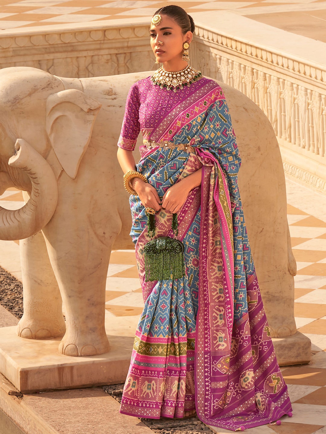 

Anouk Ethnic Motifs Printed Silk Blend Patola Saree, Blue
