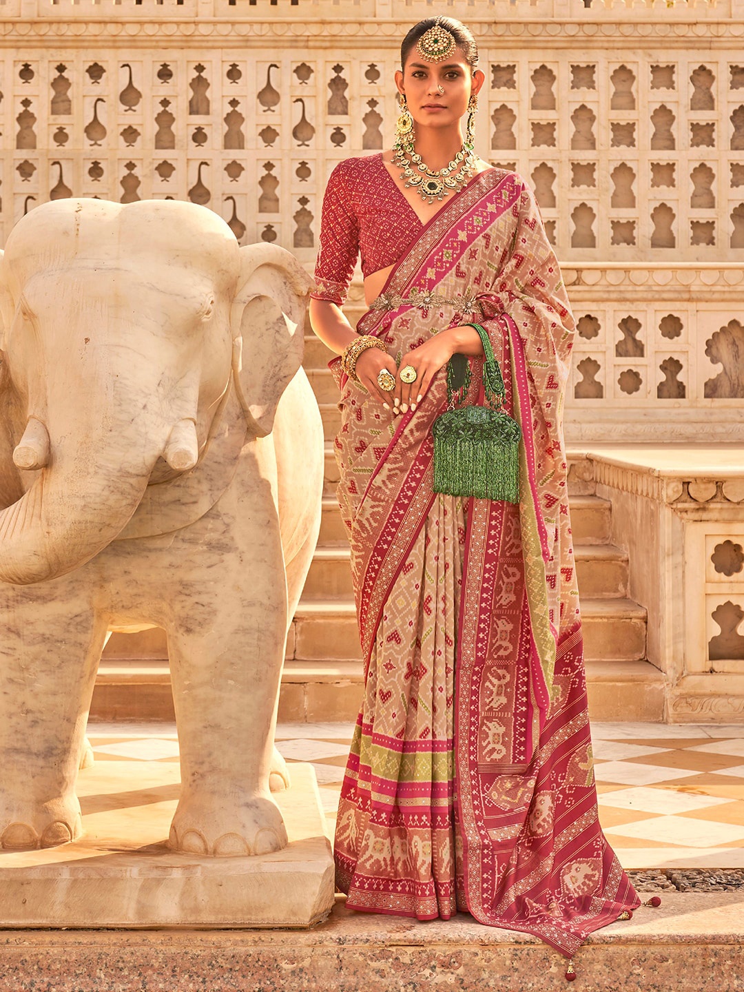 

Anouk Ethnic Motifs Printed Embellished Silk Blend Patola Saree, Cream