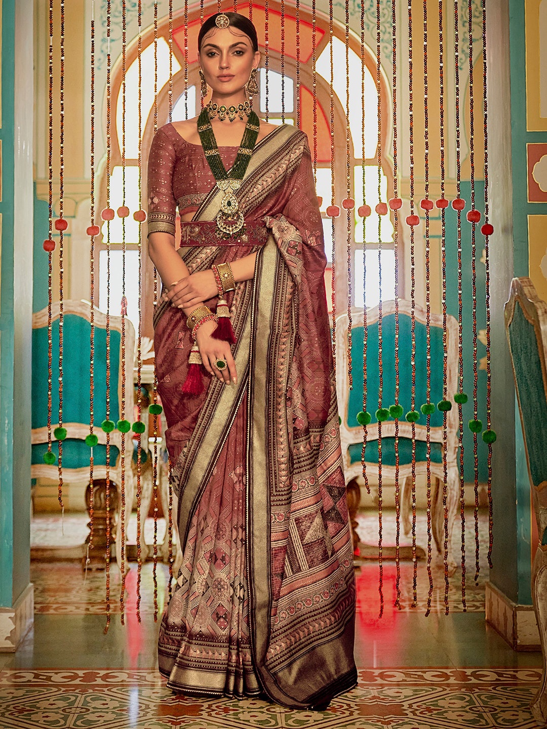 

Anouk Printed Zari Silk Blend Gotta Patti Banarasi Saree, Brown