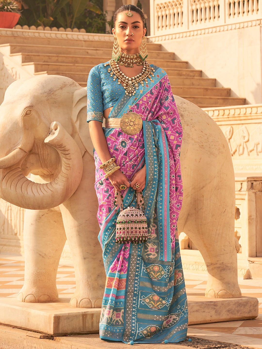 

Anouk Ethnic Motifs Printed Silk Blend Patola Saree, Mauve