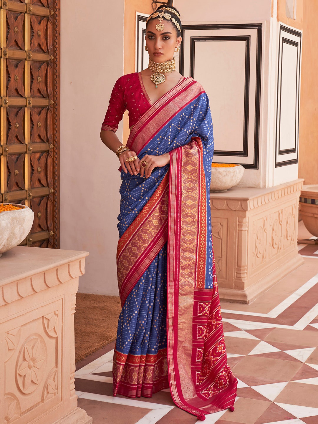 

Anouk Printed Zari Silk Blend Pochampally Saree, Navy blue