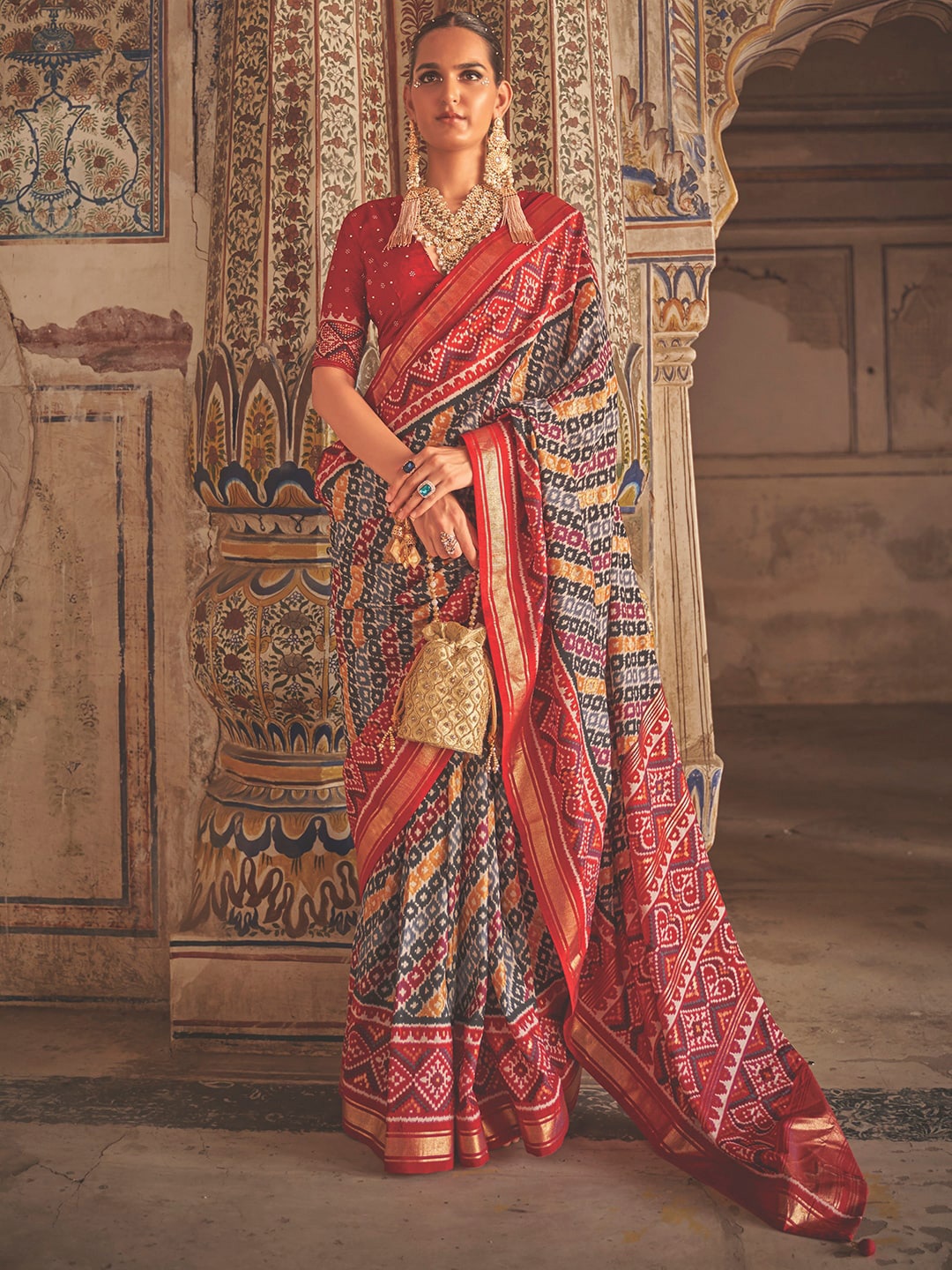 

Anouk Ethnic Motifs Printed Zari Silk Blend Pochampally Saree, Grey