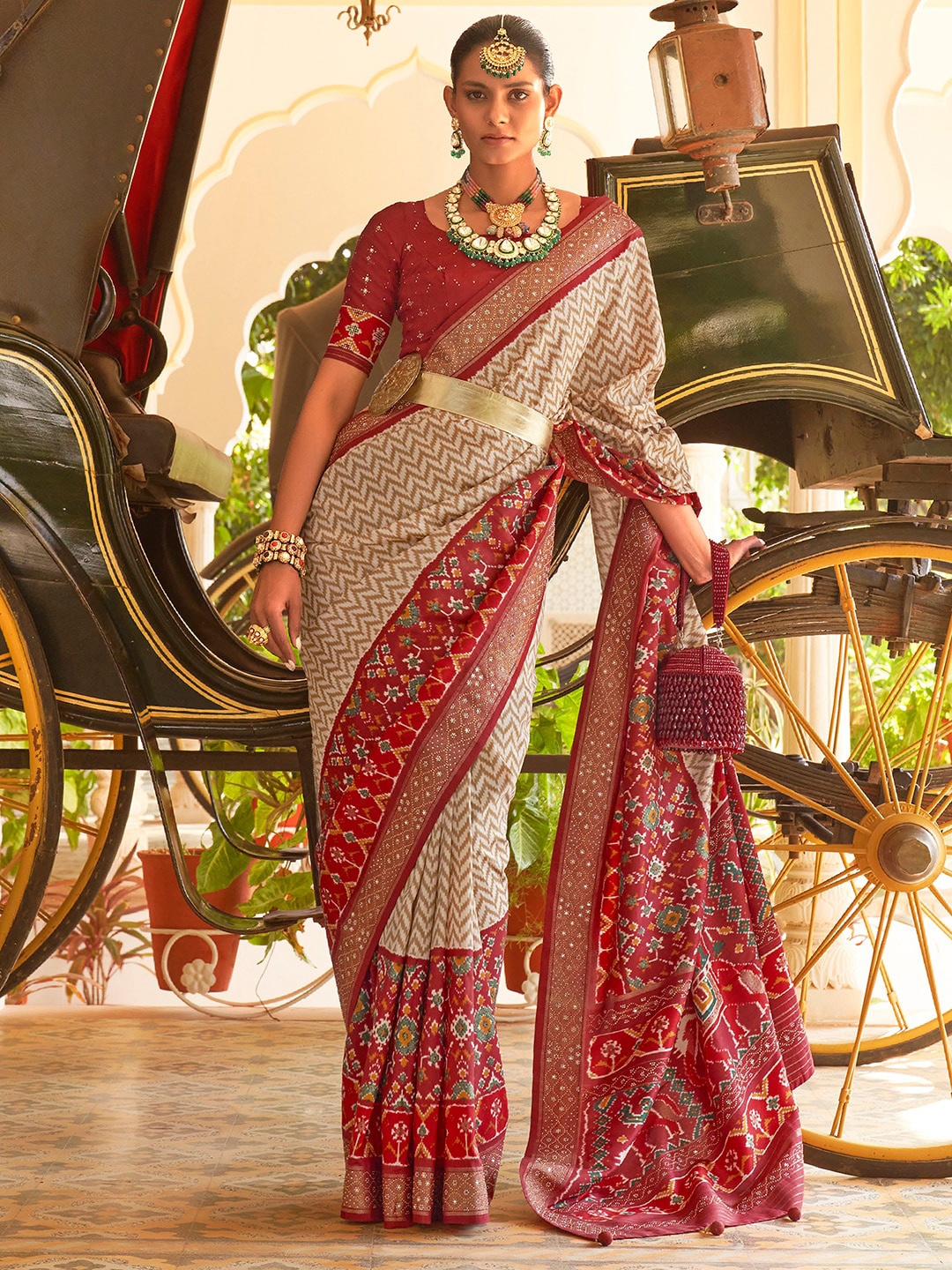 

Anouk Printed Silk Blend Pochampally Saree, Cream